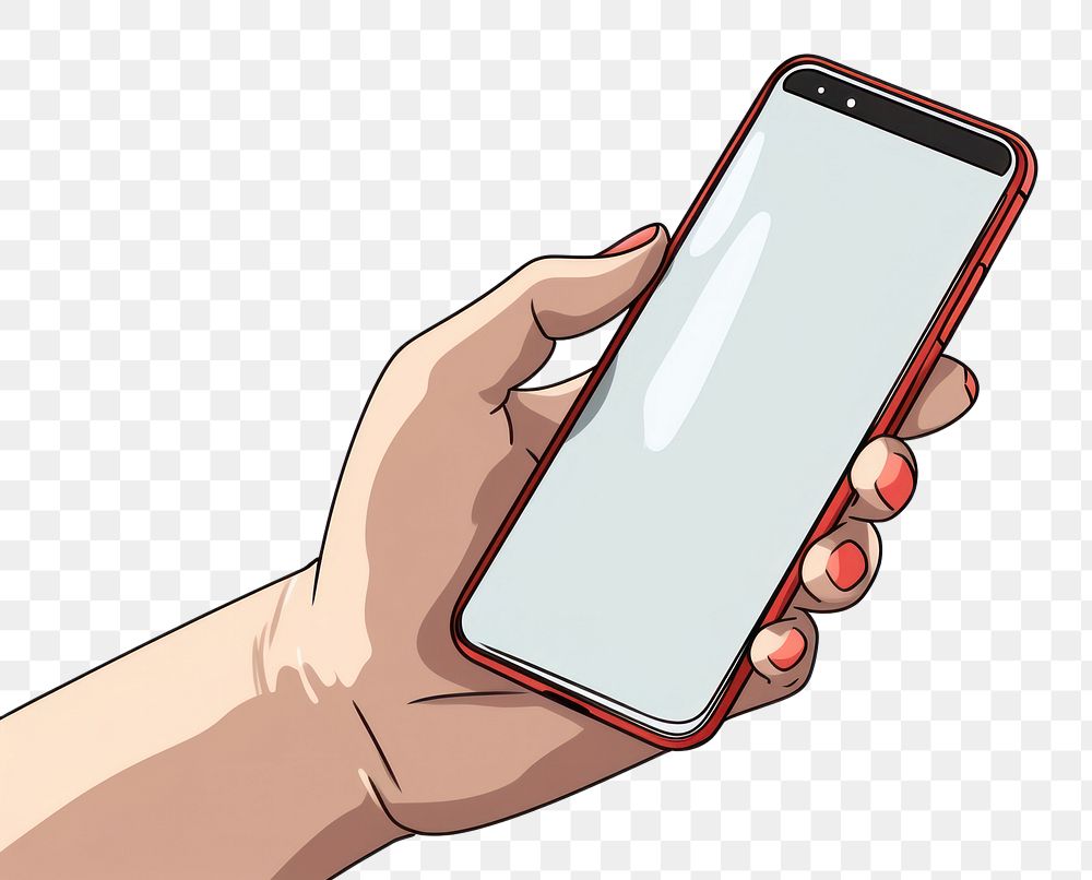 PNG Human hand holding Phone cartoon phone white background.