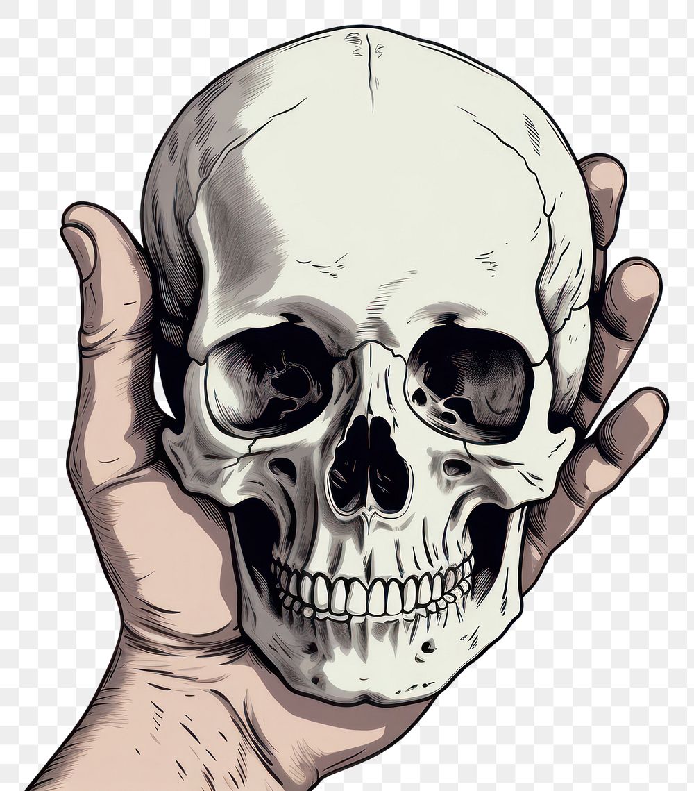 PNG Human hand holding Skull cartoon sketch human.