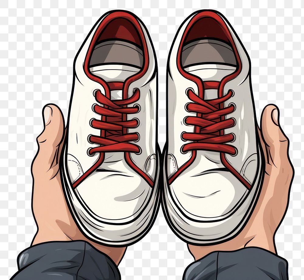 PNG Human hand holding Shoes shoe footwear cartoon.