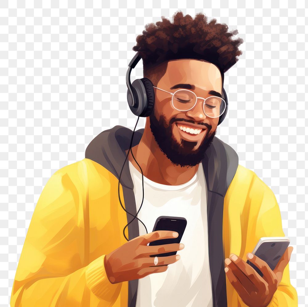 PNG Cheerful black man using phone headphones headset glasses.