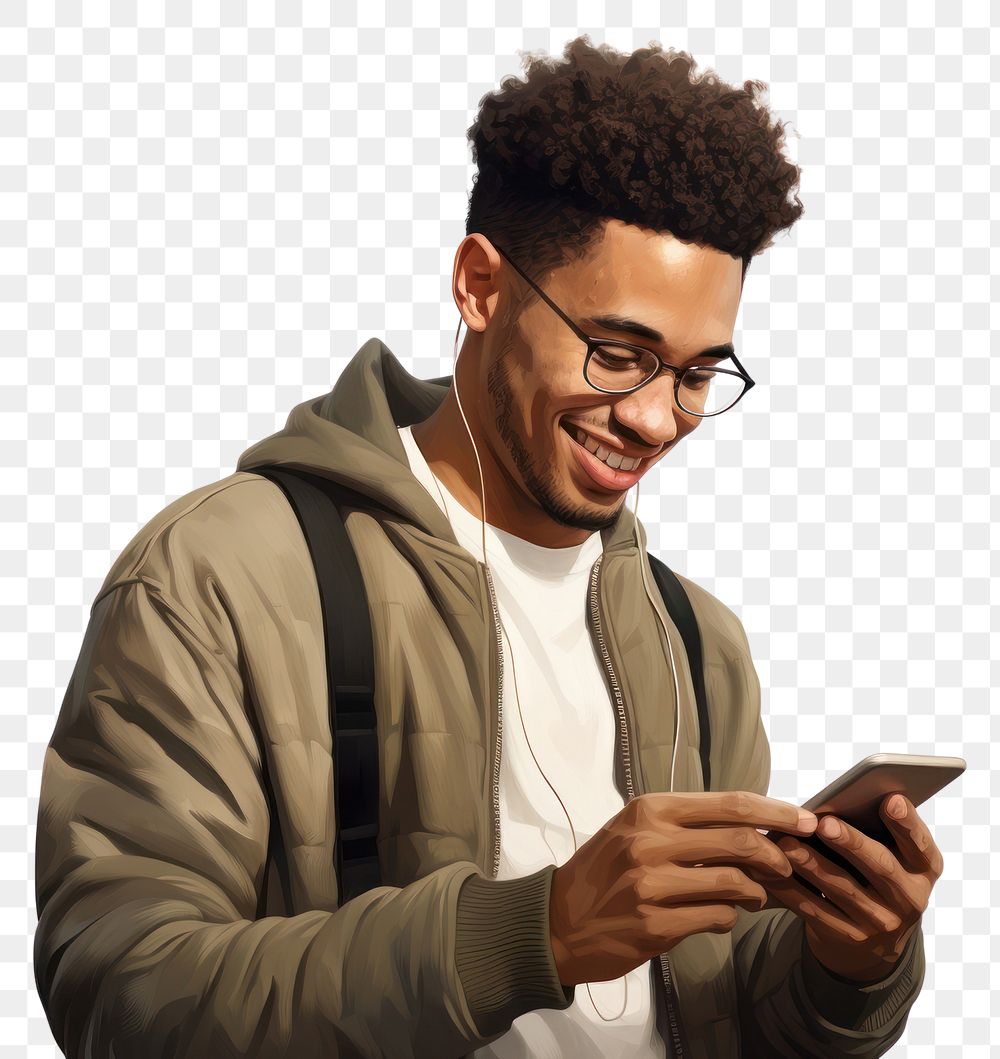 PNG Cheerful black man using phone adult white background portability.