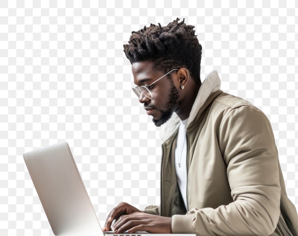 PNG Man using laptop computer sitting adult. AI generated Image by rawpixel.