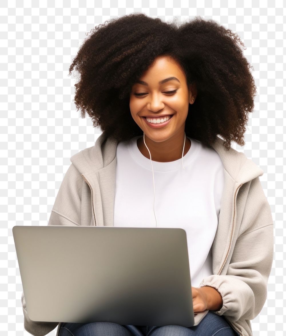 PNG Woman using laptop computer sitting adult. AI generated Image by rawpixel.