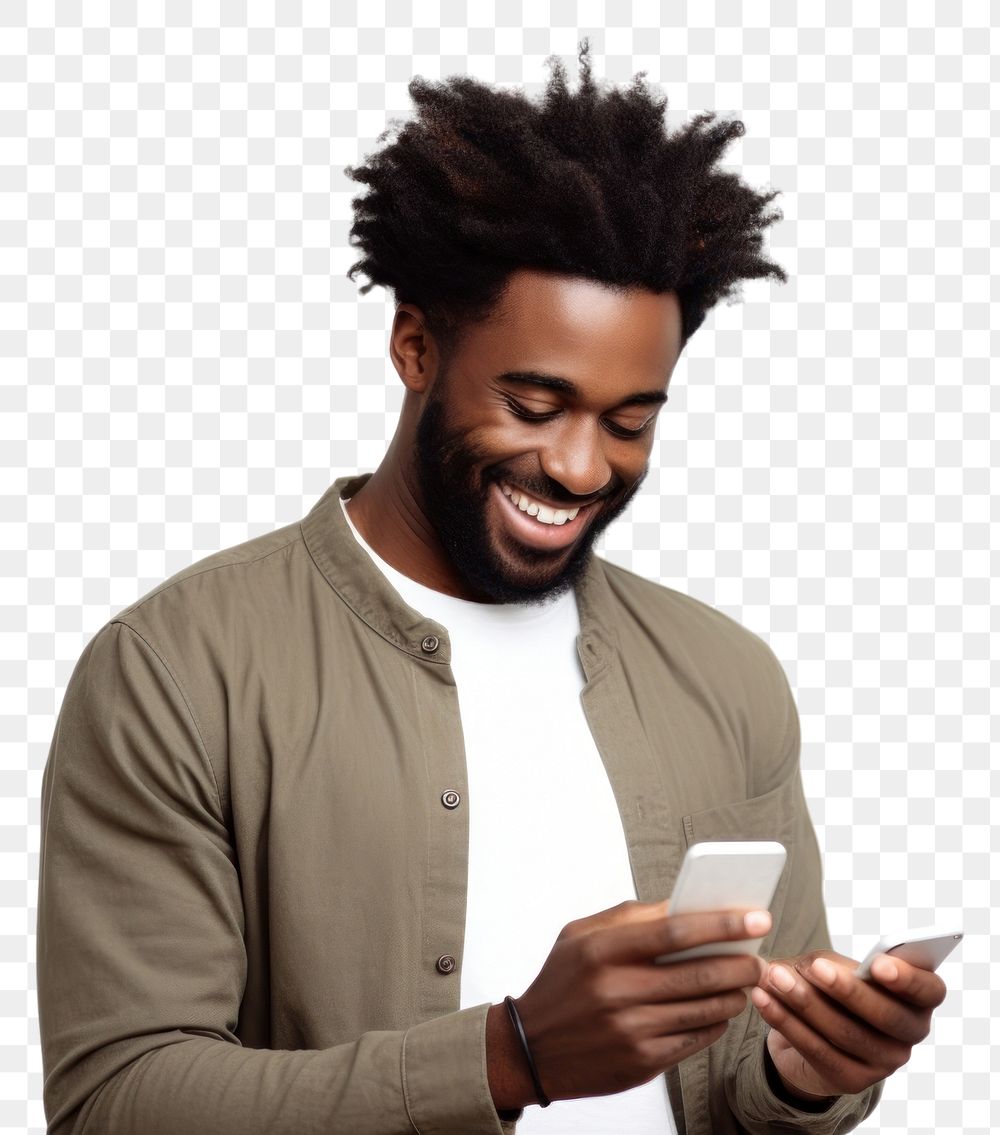 PNG Cheerful black man using phone adult white background individuality.