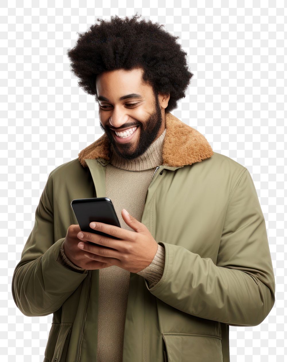 PNG Cheerful black man using phone adult photo white background.