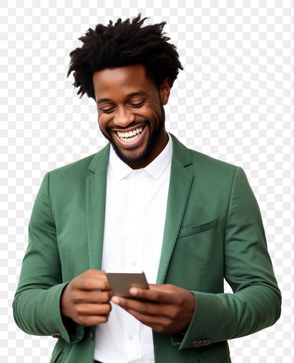PNG Cheerful black man using phone adult smile white background.