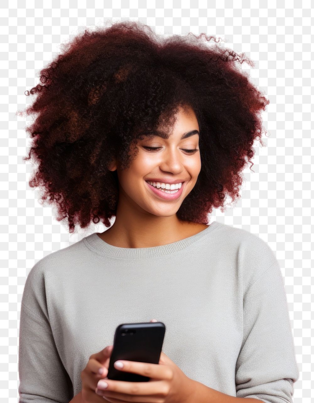 PNG Cheerful black woman using phone smile adult photo.