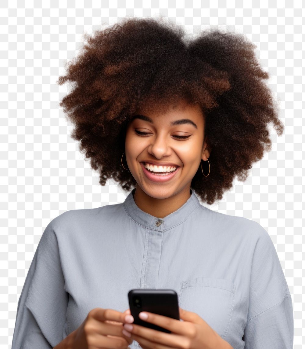 PNG Cheerful black woman using phone smile adult white background.