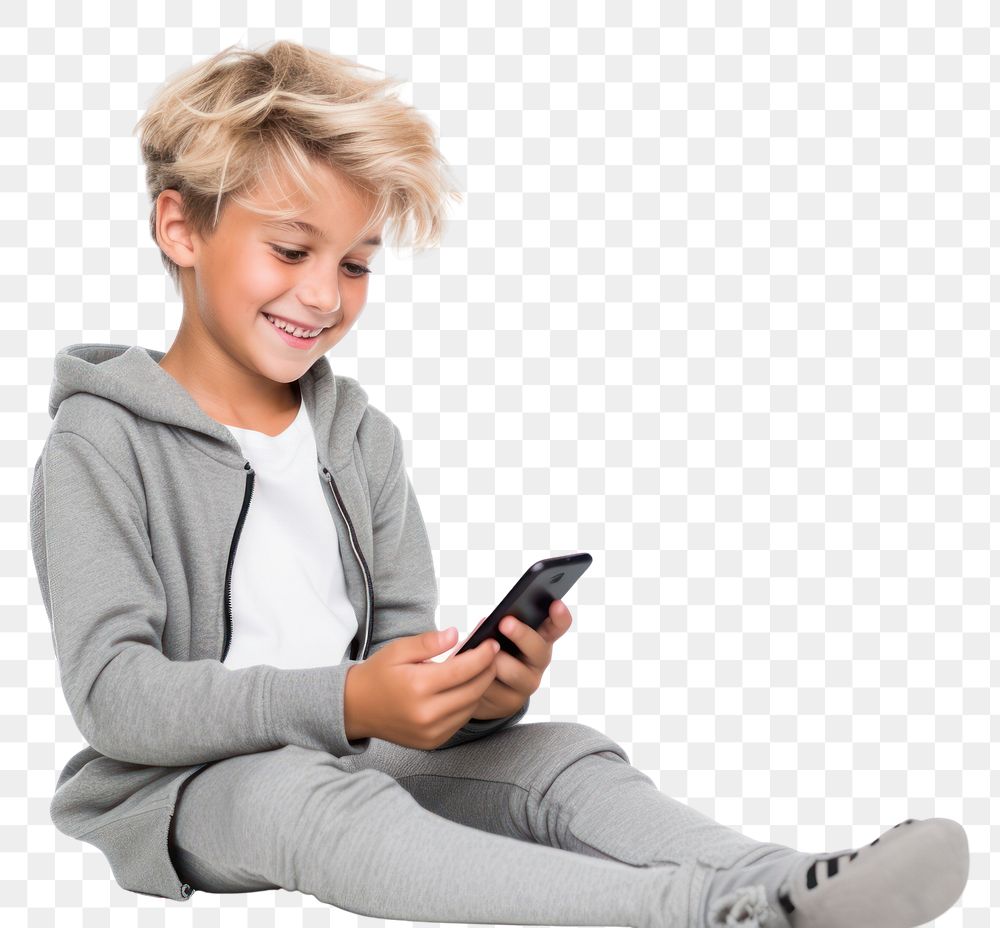 PNG Cheerful kid using phone sitting white background portability.