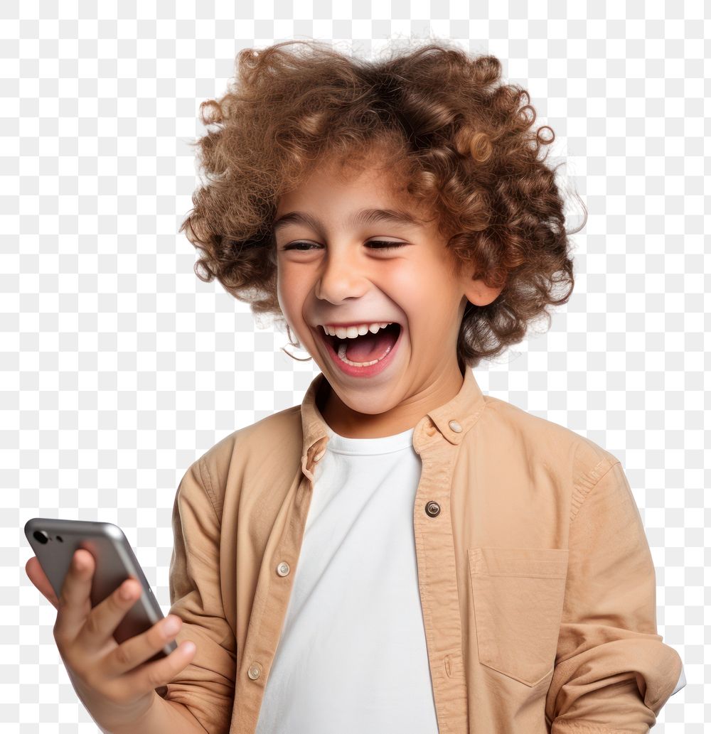 PNG Cheerful kid using phone laughing adult white background.