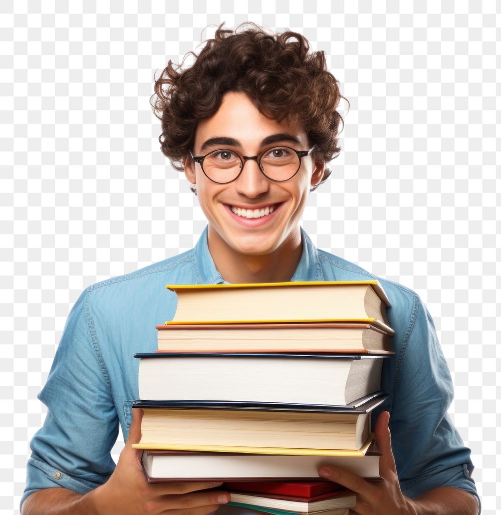 PNG College student holding stack of books glasses reading smile. AI generated Image by rawpixel.