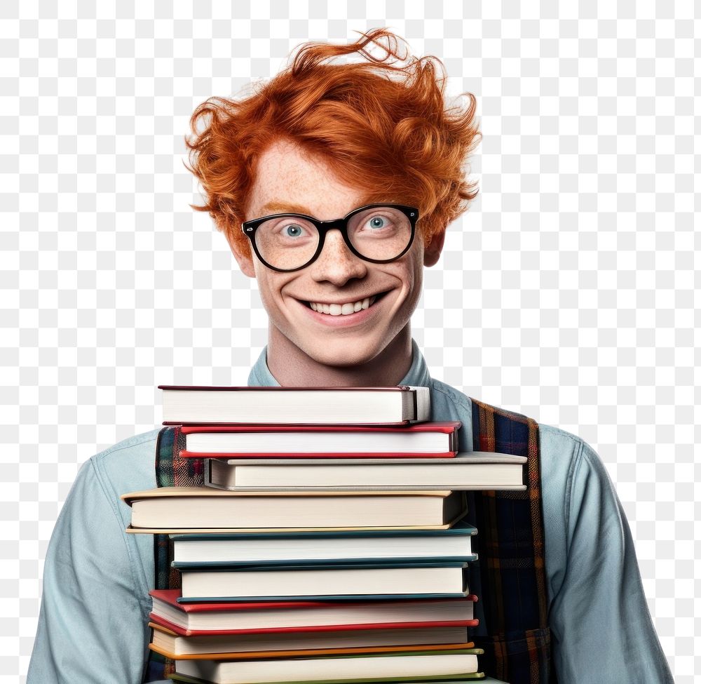 PNG College student holding stack of books publication portrait glasses. AI generated Image by rawpixel.