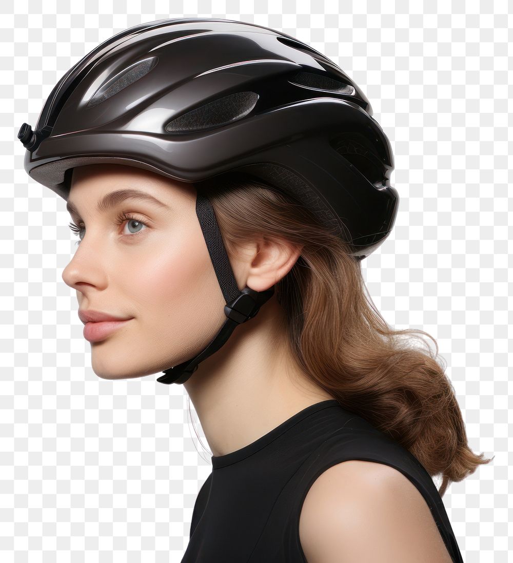 PNG  Woman in bicycle helmet adult white background protection.