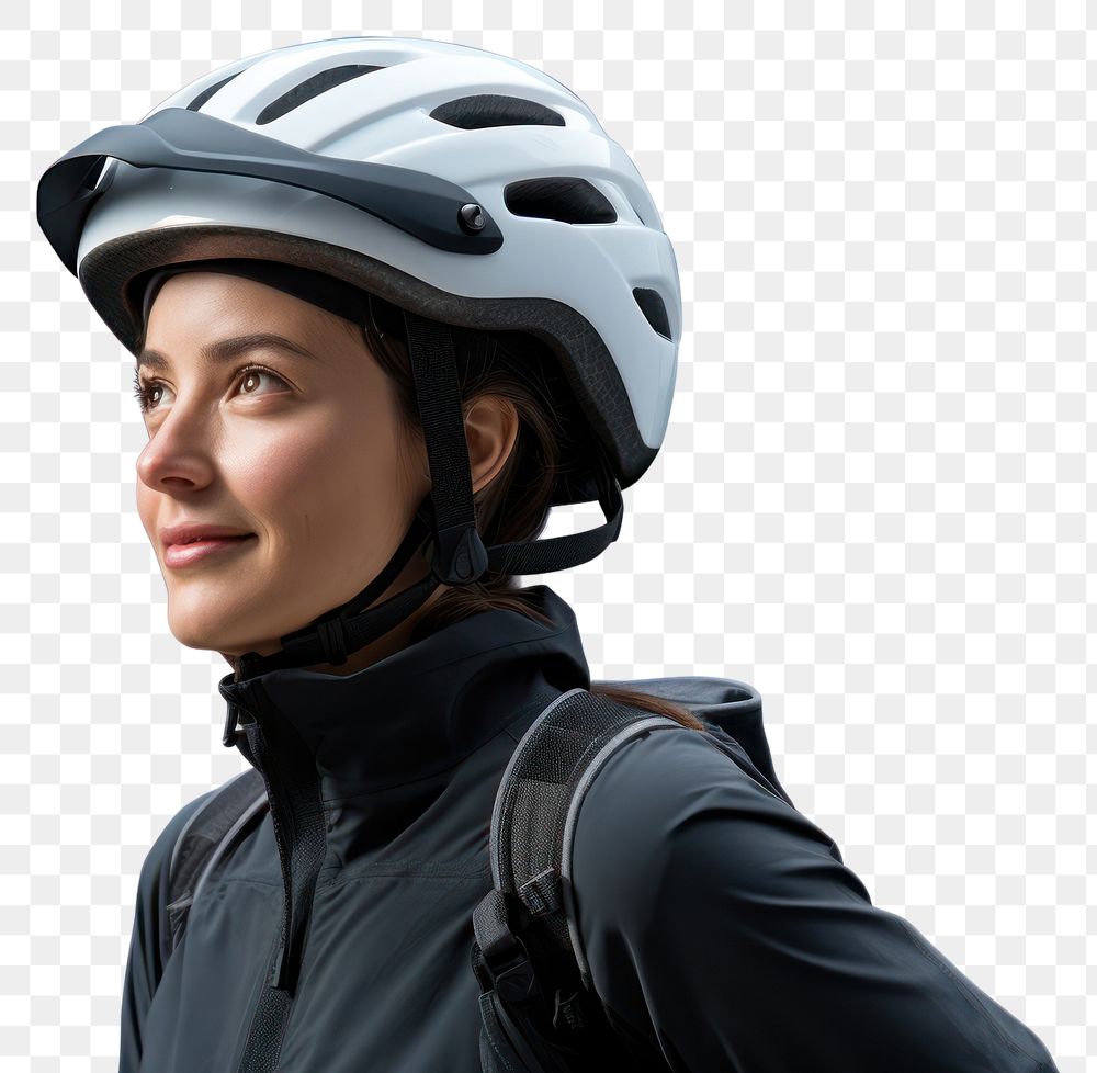 PNG  Woman in bicycle helmet adult white background exercising.