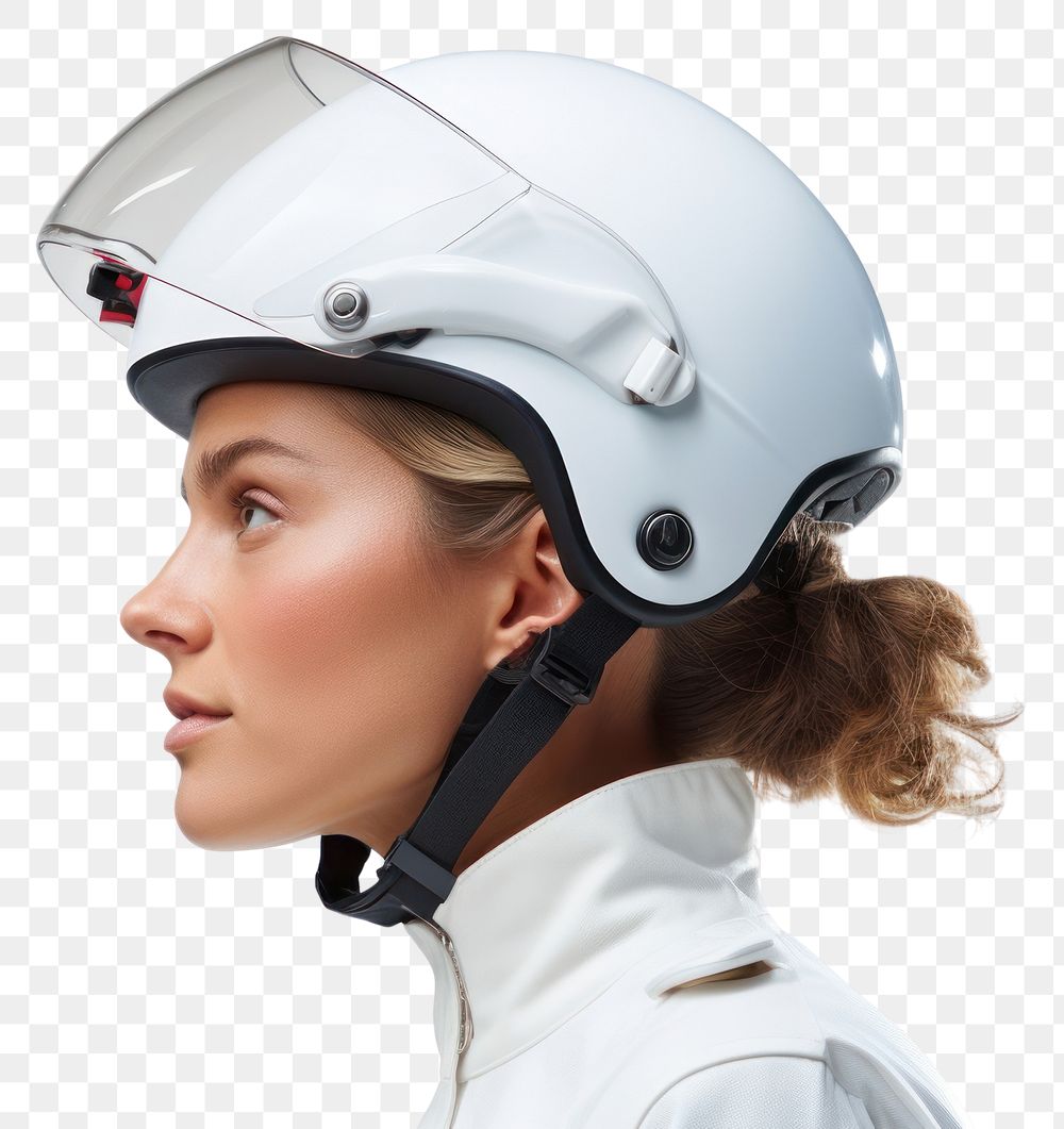 PNG  Woman in bike helmet adult white background headphones.