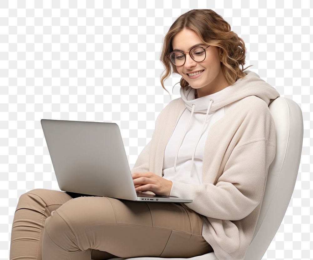 PNG Woman using laptop computer glasses sitting. AI generated Image by rawpixel.