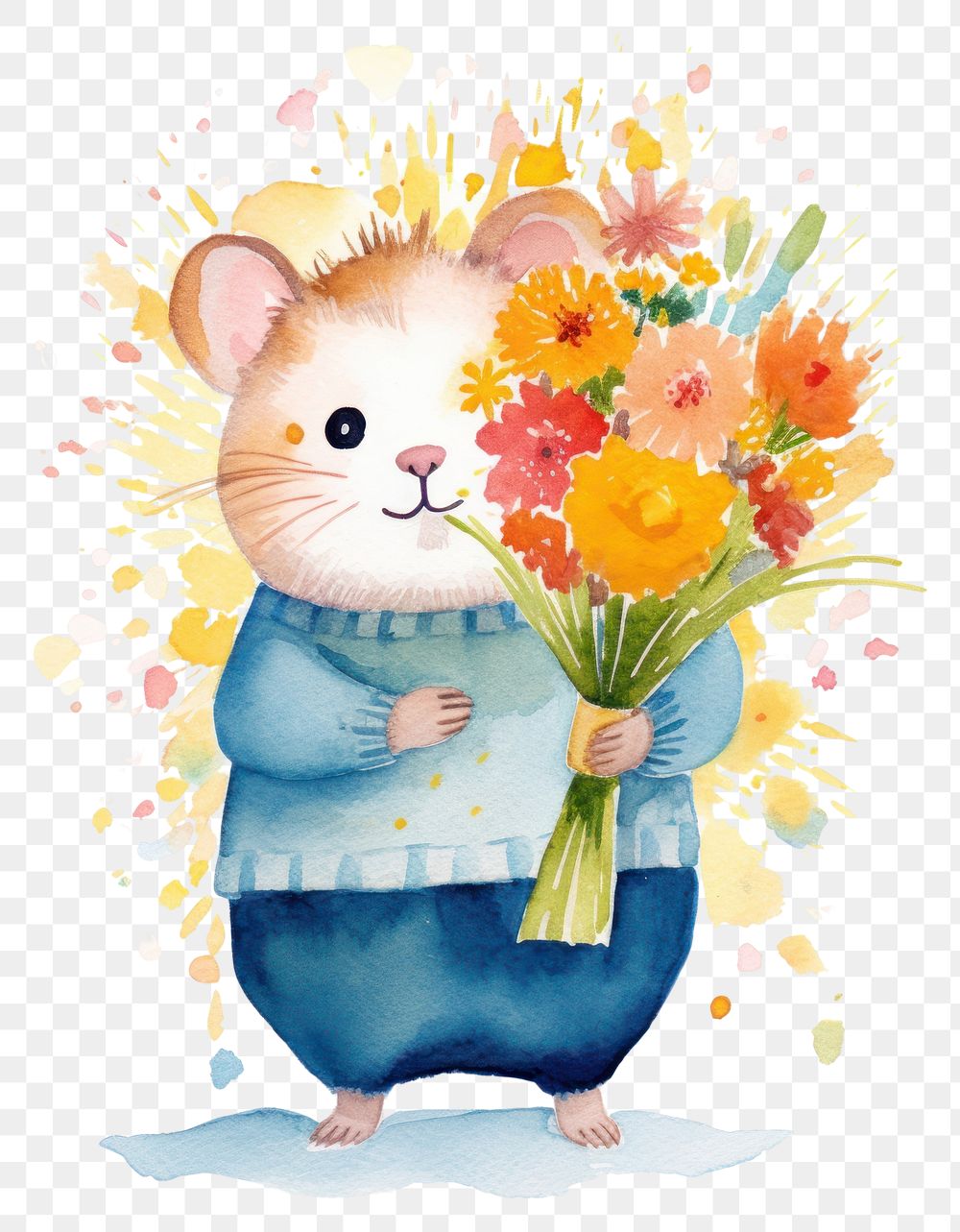 PNG Chubby Hamster with a bouquet of flowers art painting hamster.
