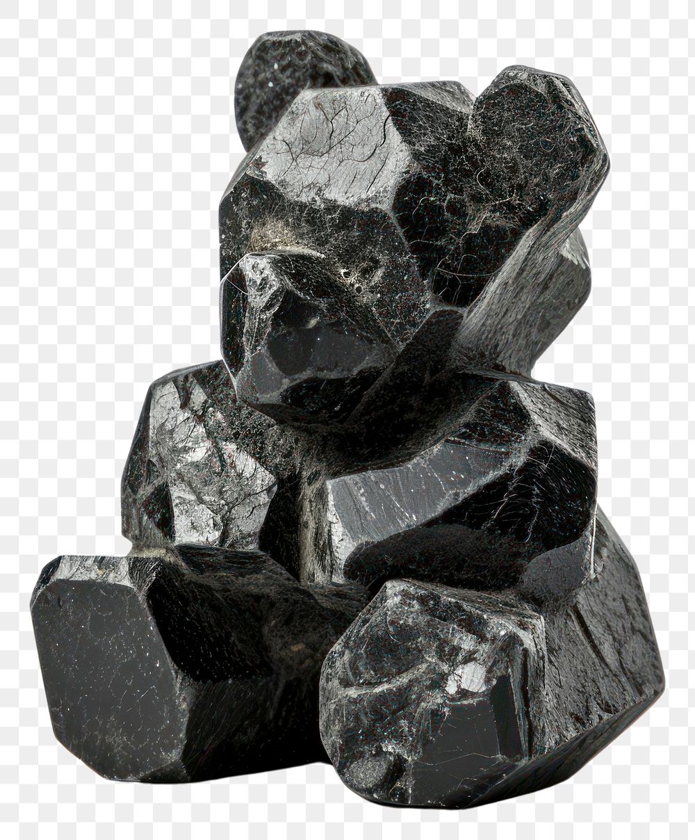 PNG  Rock heavy element Teddy bear shape white background anthracite sculpture.