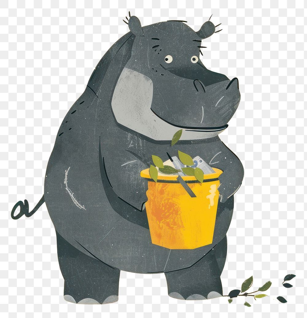 PNG Hippo holding recycle bin animal cartoon drawing.