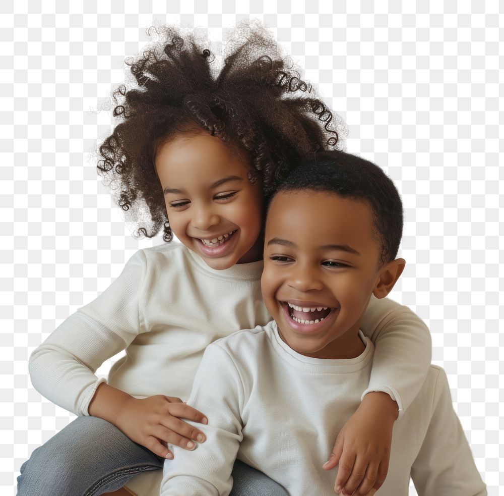 PNG Black girl and indian boy laughing child happy.