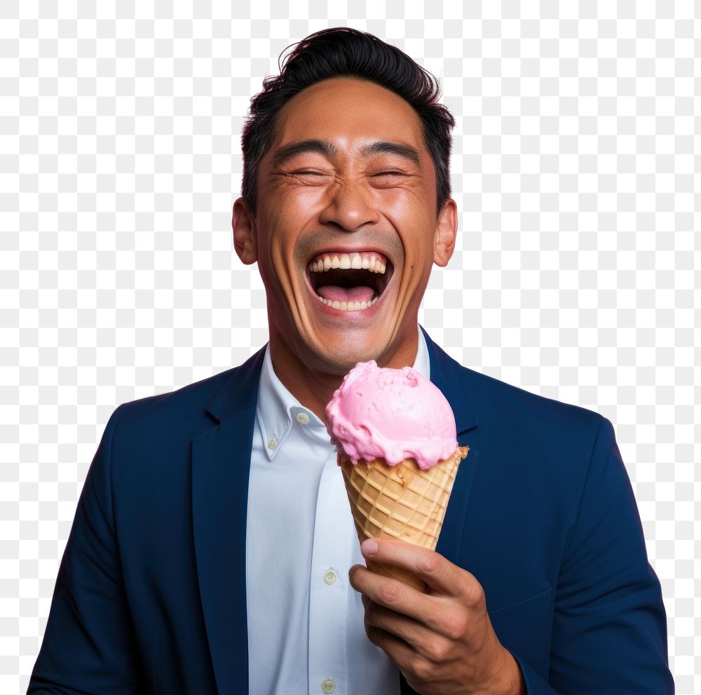 PNG Vietnamese man laughing dessert eating.