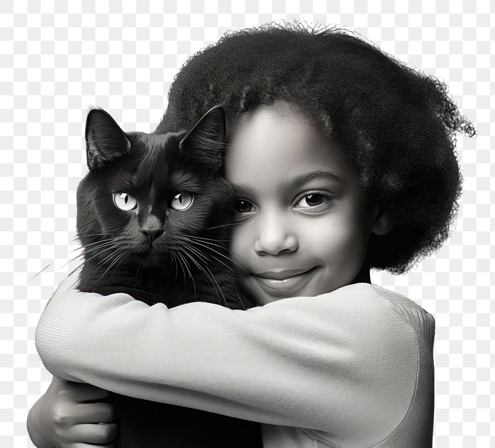 PNG  Kid hugging cat portrait mammal animal.