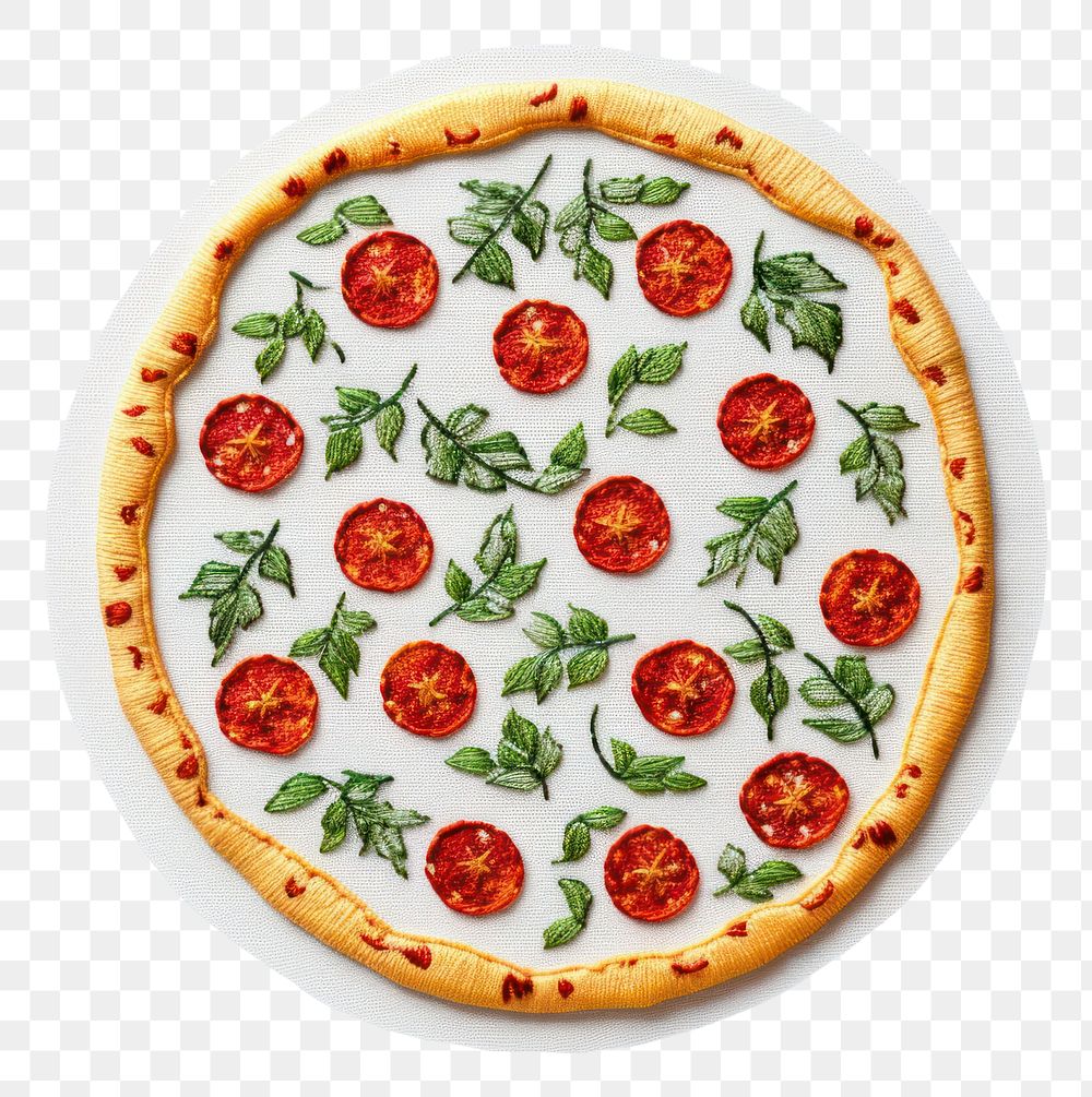 PNG  Cute minimal pizza in embroidery style food mozzarella vegetable.