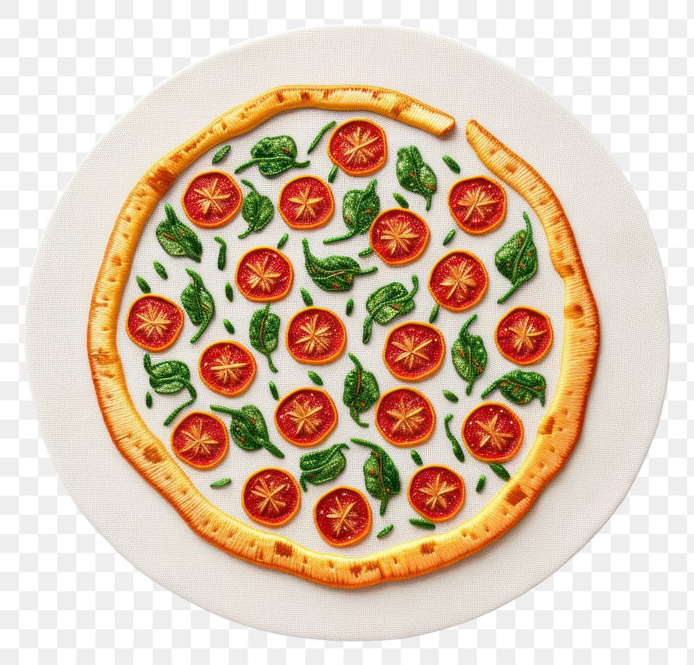 PNG  Cute minimal pizza in embroidery style plate food meal.