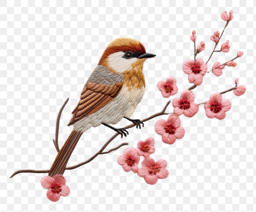 PNG  Cute bird in embroidery style sparrow animal flower.