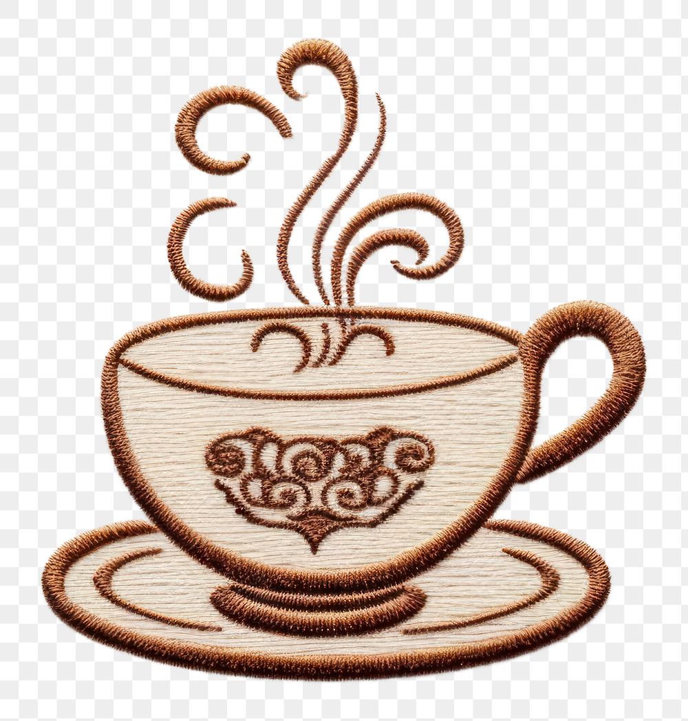 PNG  Cute coffee in embroidery style saucer drink cup.