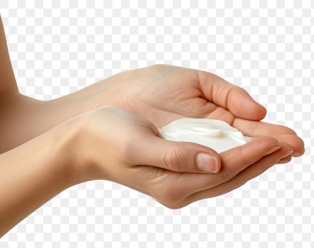 PNG  A woman hands with lotion finger white background medicine.