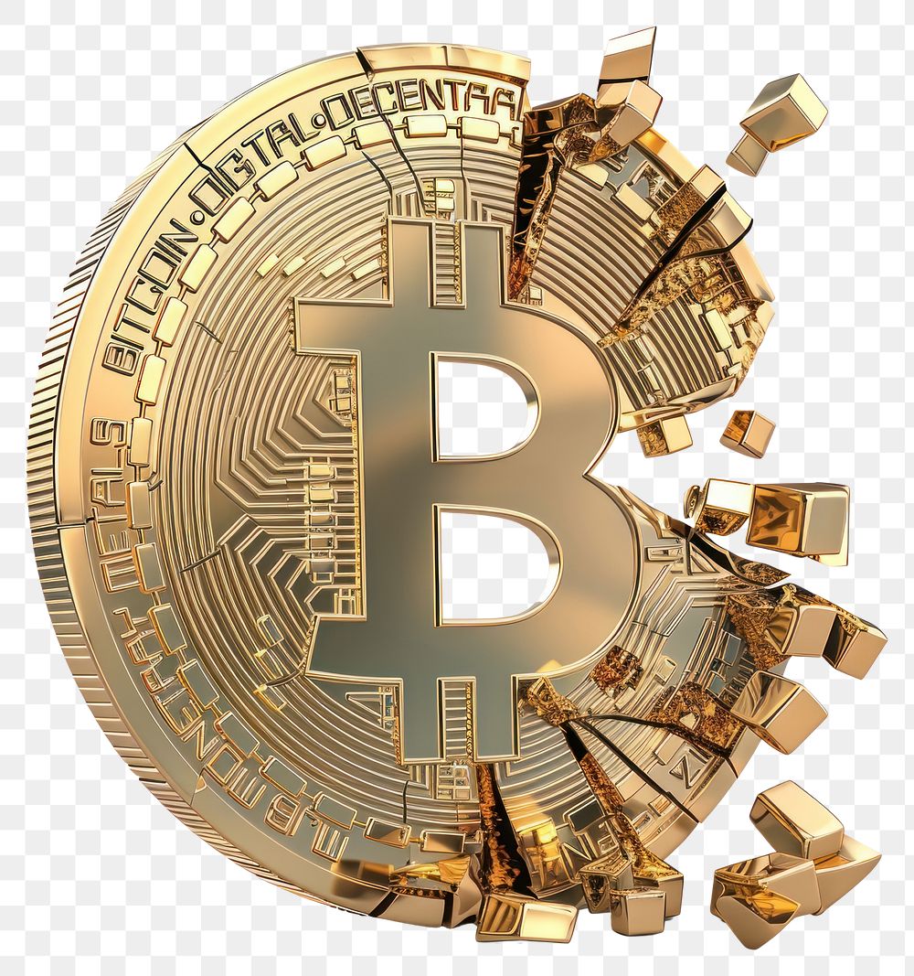 PNG A fragmented Bitcoin gold money white background.