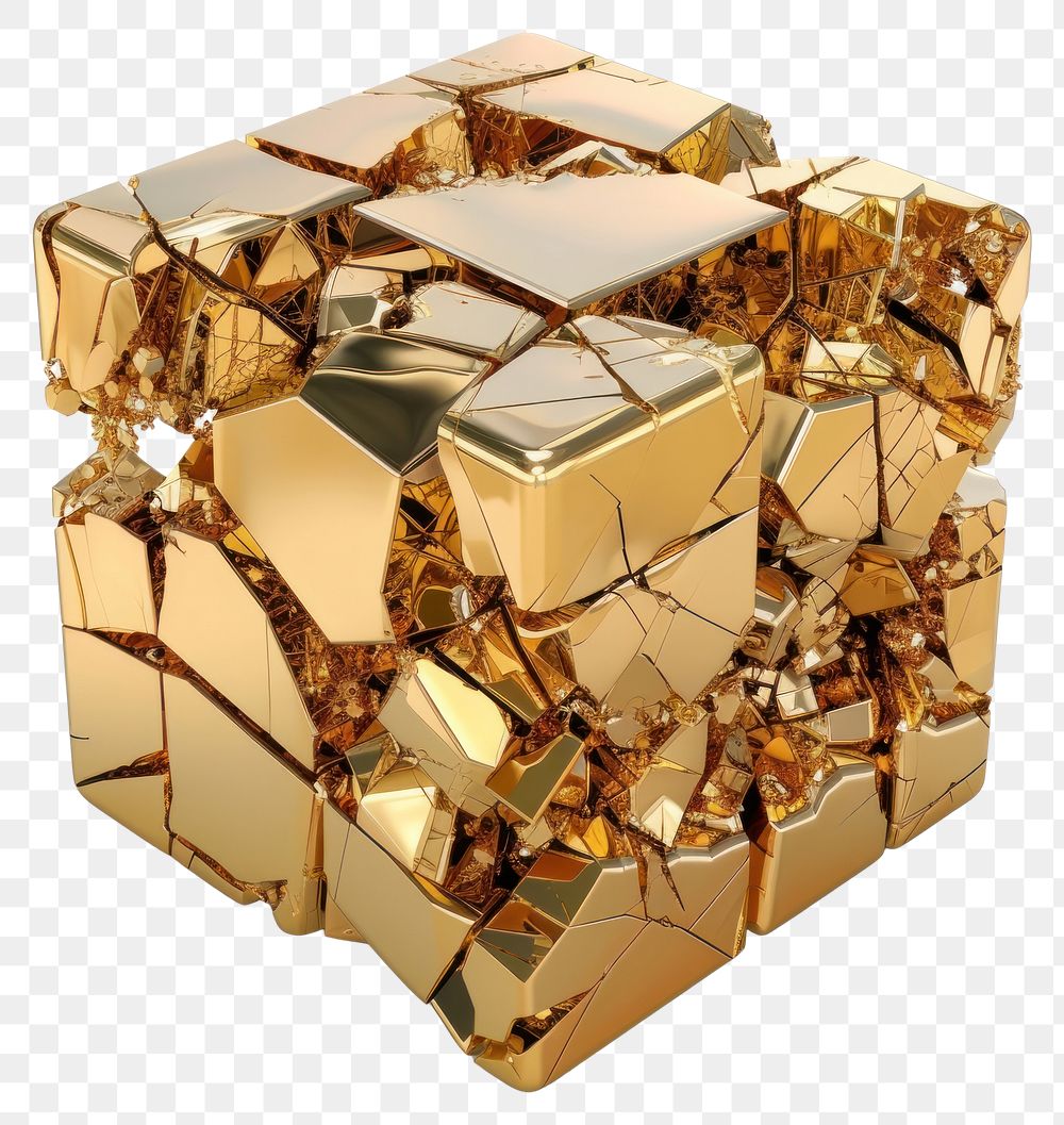 PNG Broken and shattered cube gold shiny white background.