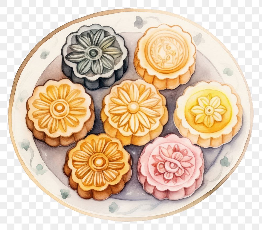 PNG Watercolor 4 mooncakes on plate dessert pastry icing. AI generated Image by rawpixel.