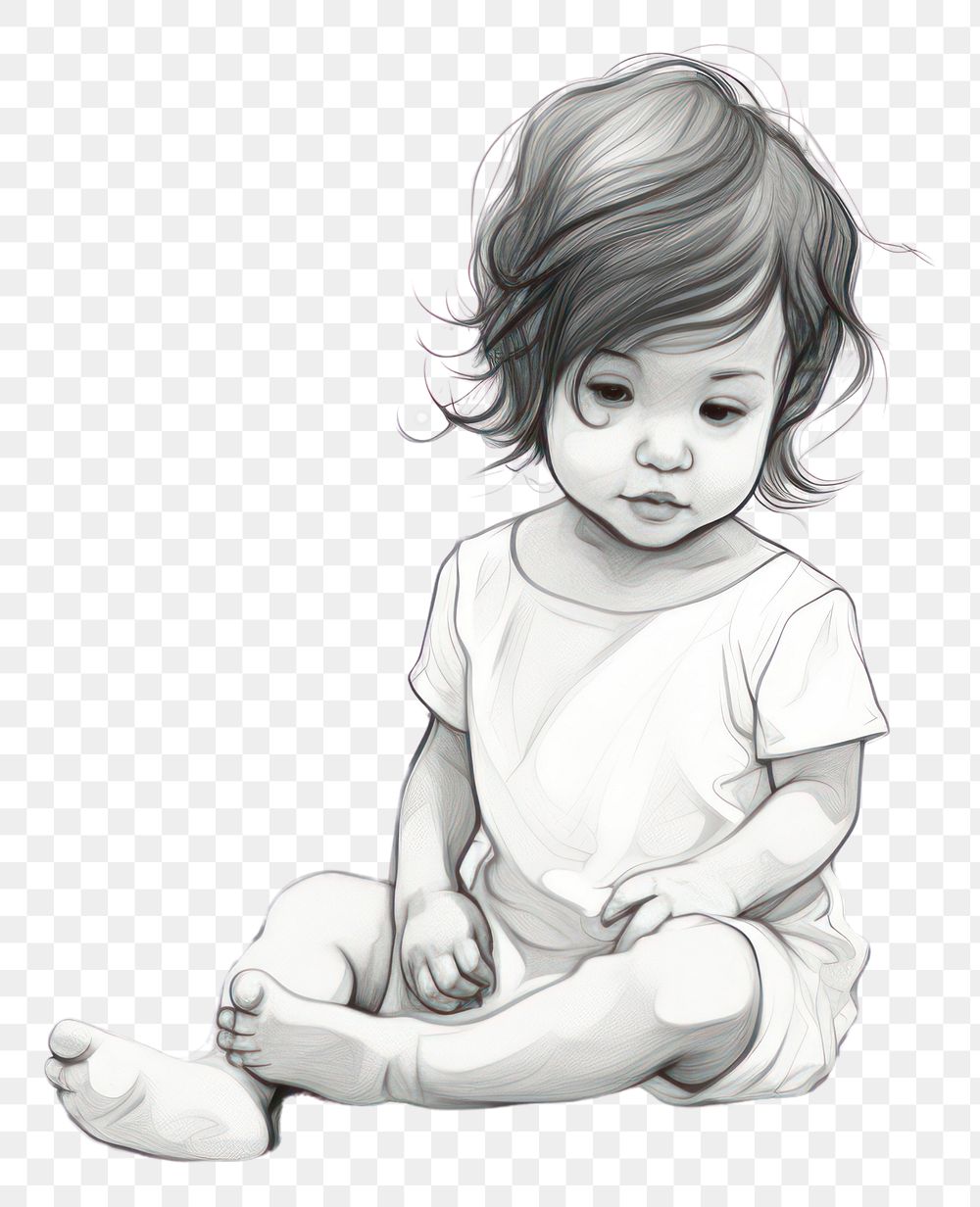 PNG  Baby girl drawing sketch white.