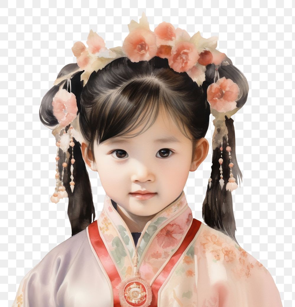 PNG Chinese girl baby watercolor portrait fashion photography. AI generated Image by rawpixel.