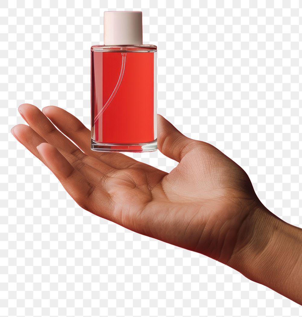 PNG Perfume glasses bottle mockup holding petal hand.