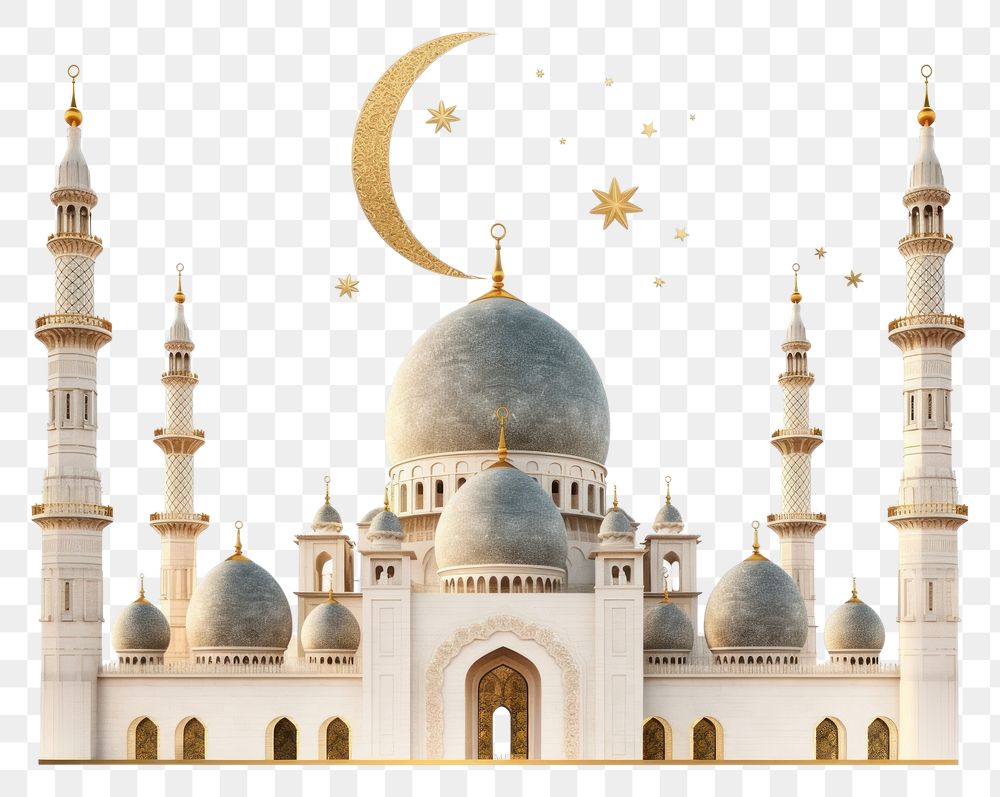 PNG  A Luxury Mosque with Golden sharp Moon Crescent and star behind architecture crescent building.
