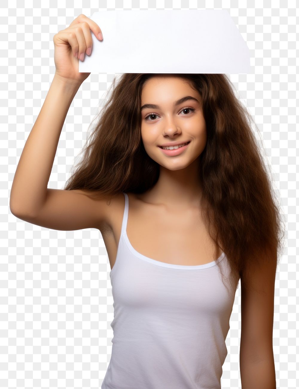 PNG Brave teen girl holding up a white paper sign portrait smile photo.