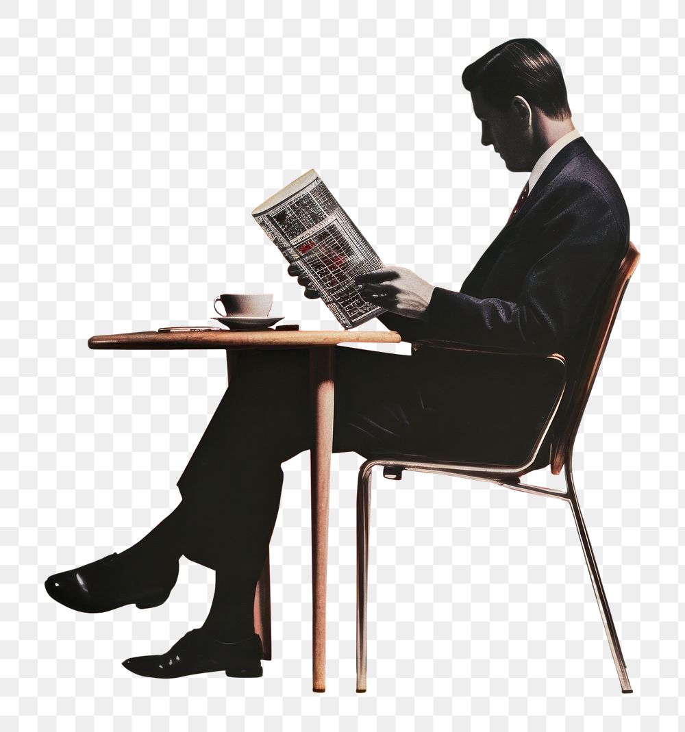 PNG A businessman reading a newspaper on a chair with a cup of coffee placed on the nearby table furniture sitting adult.