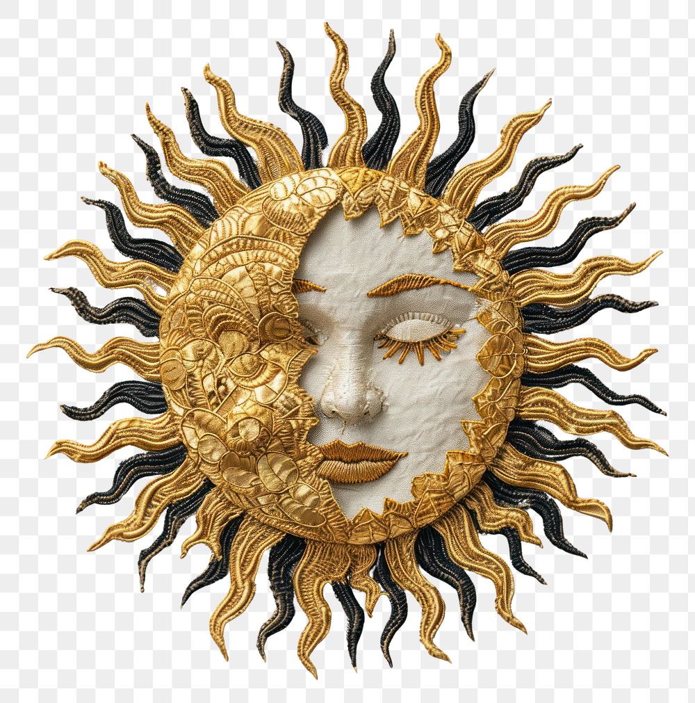 PNG  Celestial Golden Sun gold embroidery pattern.