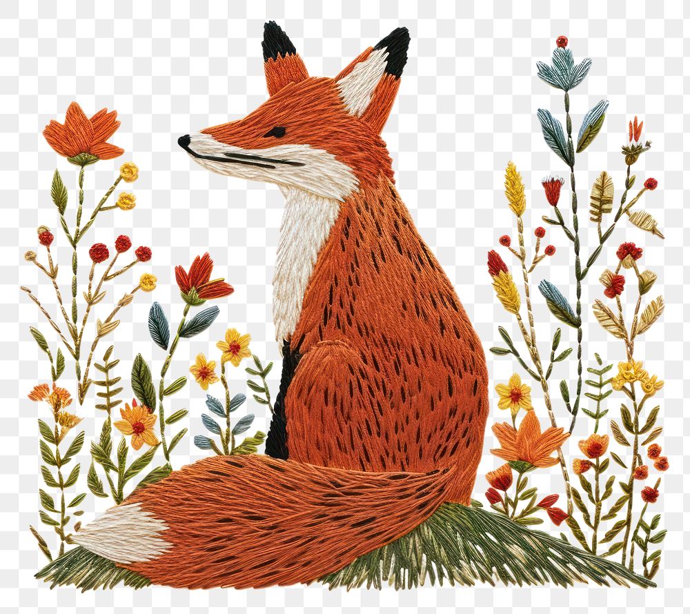 PNG  A fox on Autumn flowers hill embroidery pattern animal.