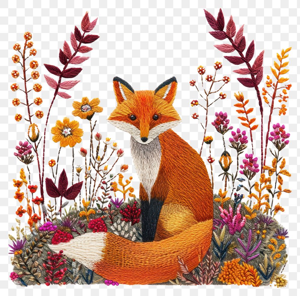 PNG  A fox on Autumn flowers hill animal mammal art.