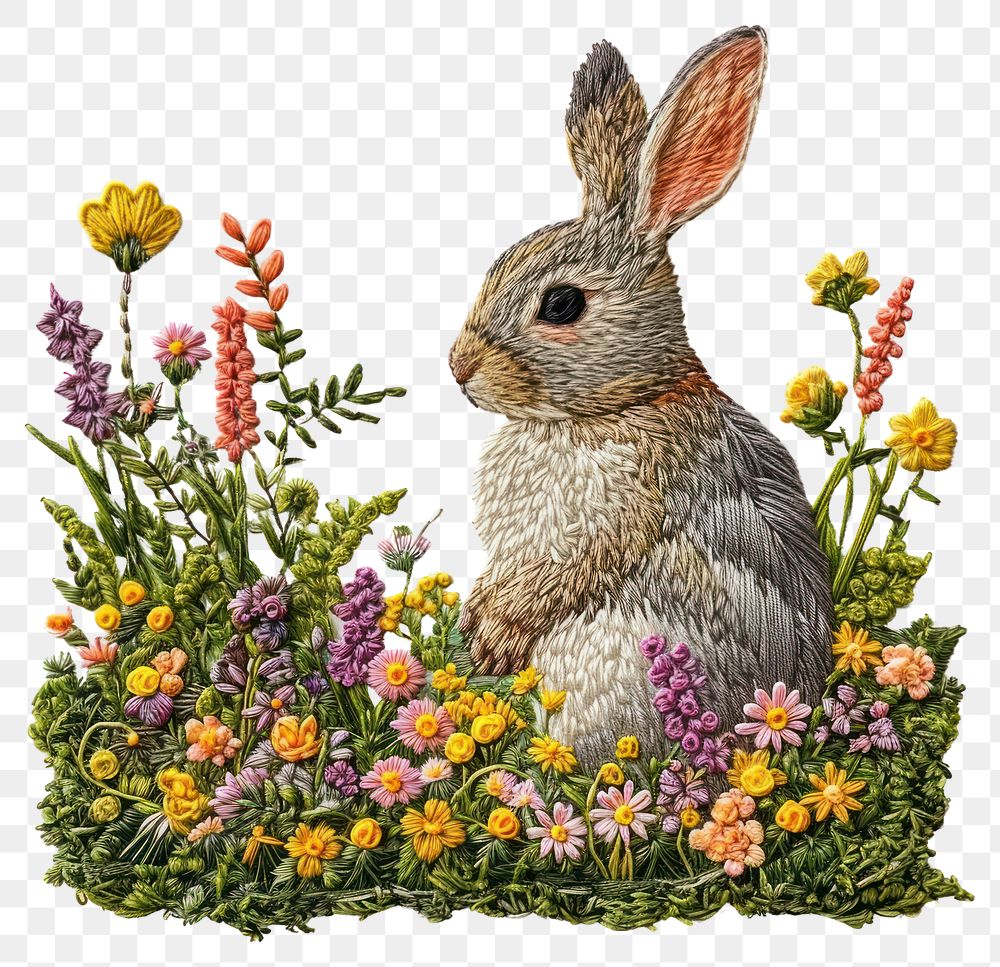 PNG  A rabbit on a grassy flowers hill embroidery rodent animal.
