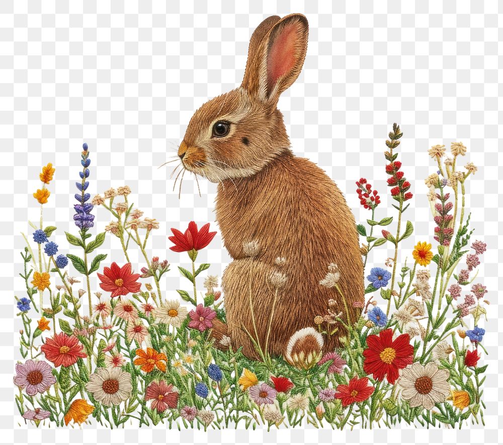 PNG  A rabbit on a grassy flowers hill rodent animal mammal.