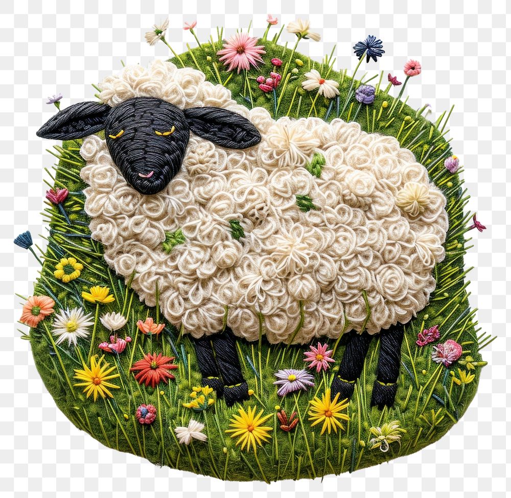 PNG  A sheep on a grassy flowers hill embroidery food art.