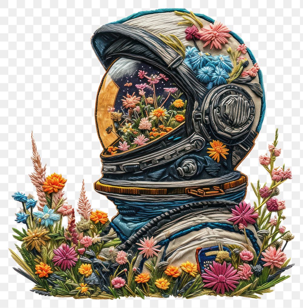 PNG  An astronaut helmet flower embroidery plant.