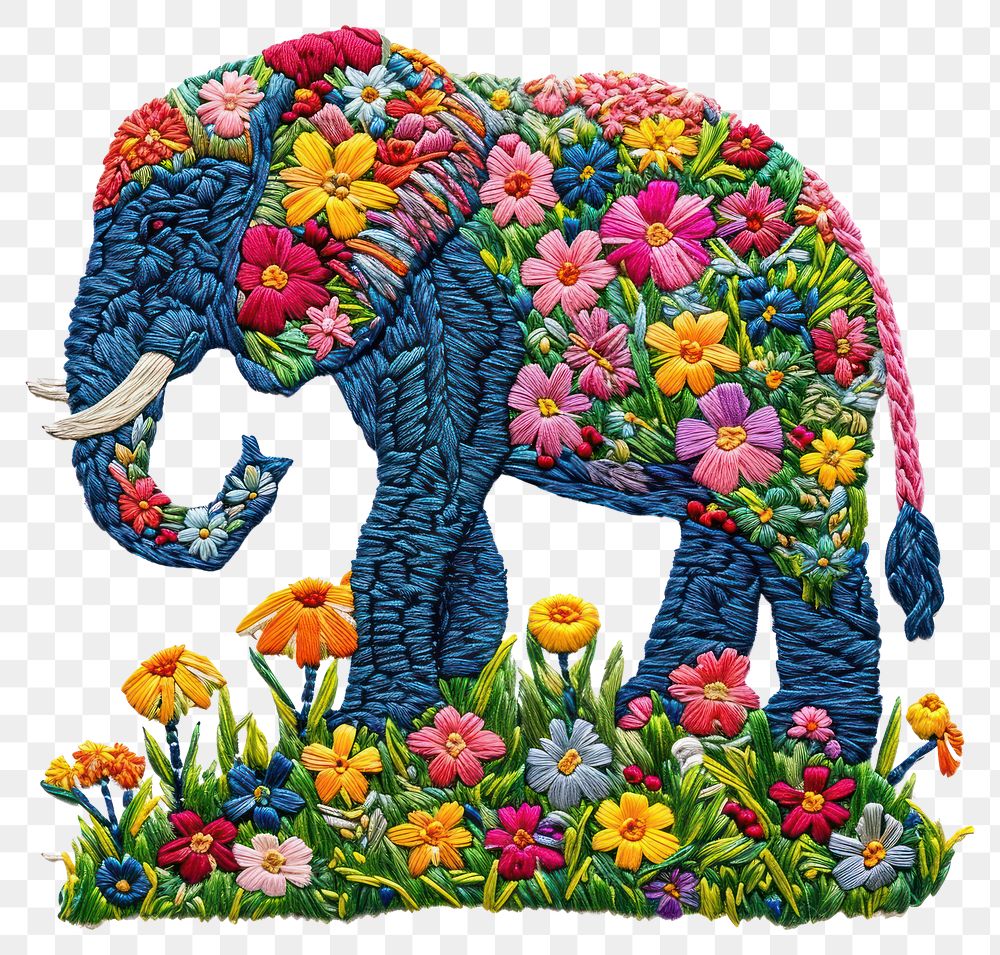 PNG  An Elephant on a grassy flowers hill elephant embroidery pattern.
