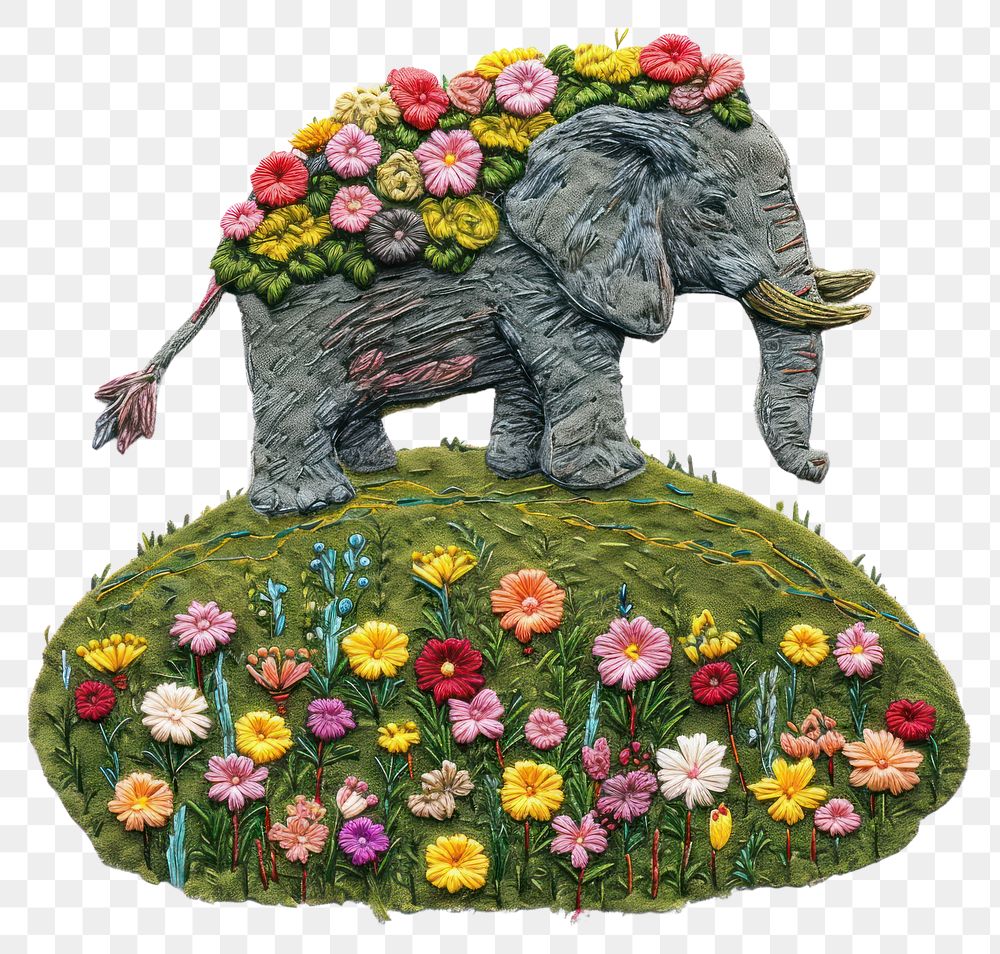 PNG  An Elephant on a grassy flowers hill elephant mammal animal.