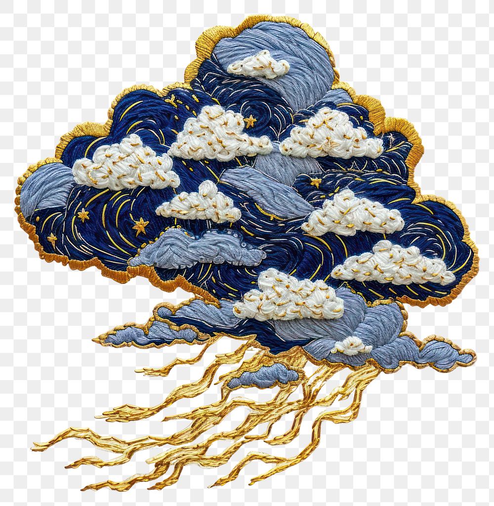 PNG  Navy Cloud and Golden thunder under it embroidery pattern cloud.